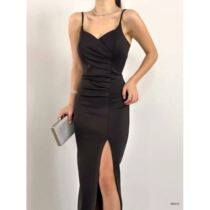 Kadın Dalgıç Kumaş Askılı Yırtmaç Detaylı V Yaka Maxi Boy Elbise