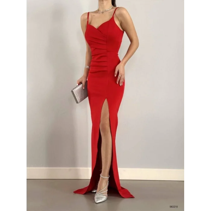 Kadın Dalgıç Kumaş Askılı Yırtmaç Detaylı V Yaka Maxi Boy Elbise