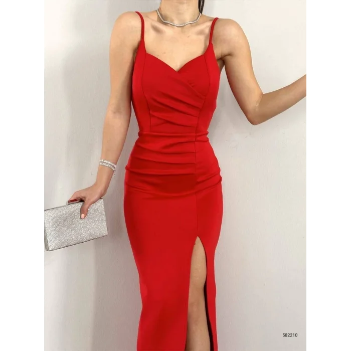 Kadın Dalgıç Kumaş Askılı Yırtmaç Detaylı V Yaka Maxi Boy Elbise