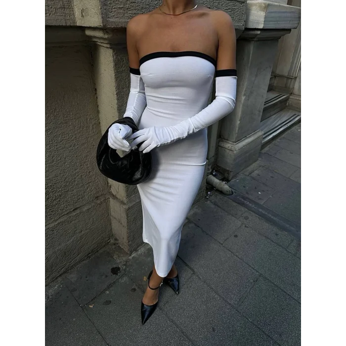 Kadın Dalgıç Kumaş Askısız Yırtmaç Detaylı Elbise