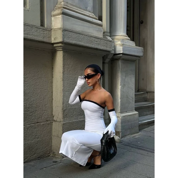 Kadın Dalgıç Kumaş Askısız Yırtmaç Detaylı Elbise