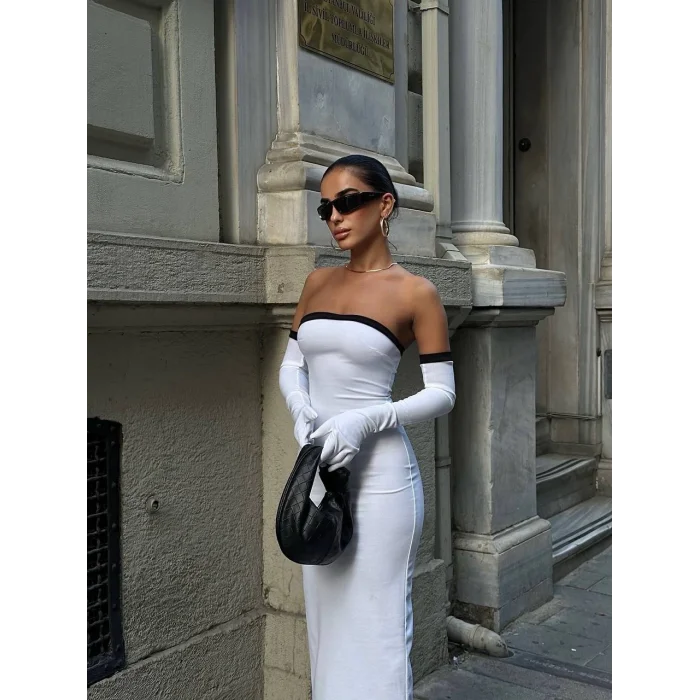 Kadın Dalgıç Kumaş Askısız Yırtmaç Detaylı Elbise