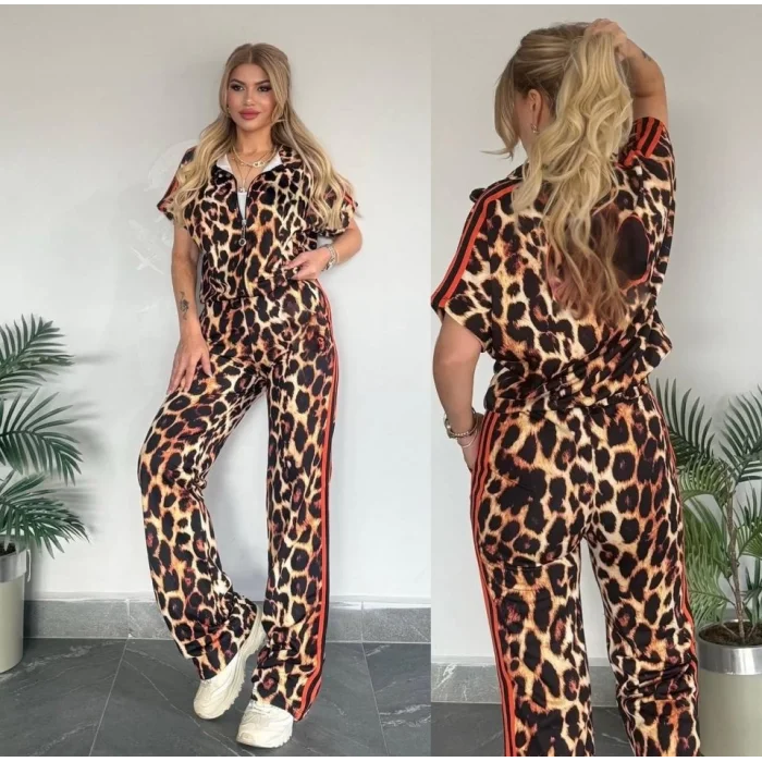Kadın Dalgıç Kumaş Dijital Leopar Baskılı şerit Detaylı Takım