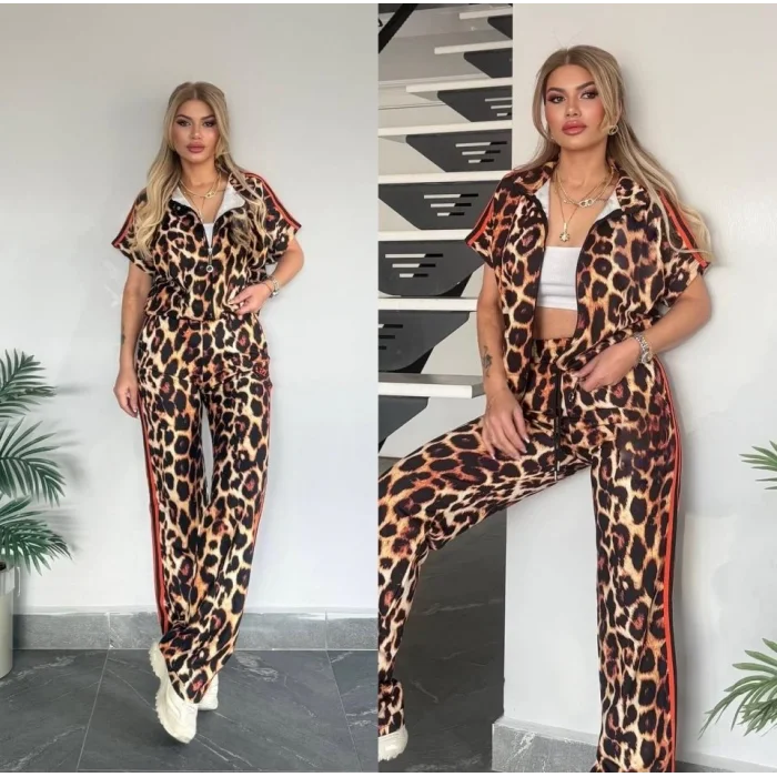 Kadın Dalgıç Kumaş Dijital Leopar Baskılı şerit Detaylı Takım