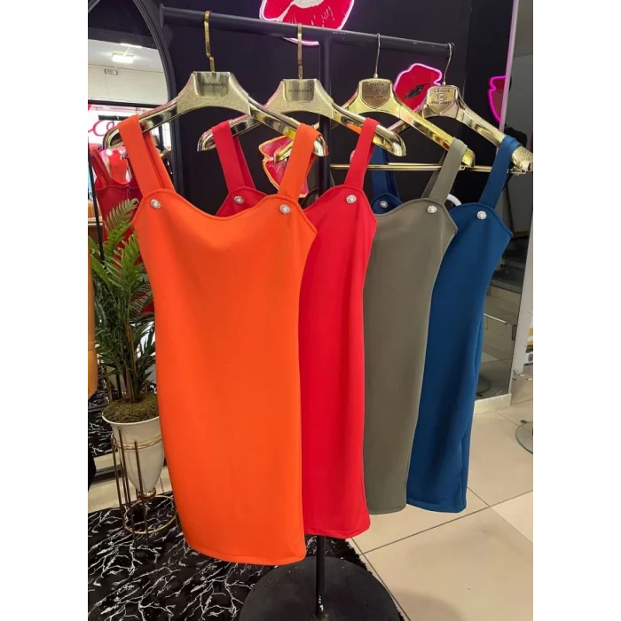 Kadın Dalgıç Kumaş Düğmeli Fermuarlı Askılı Elbise