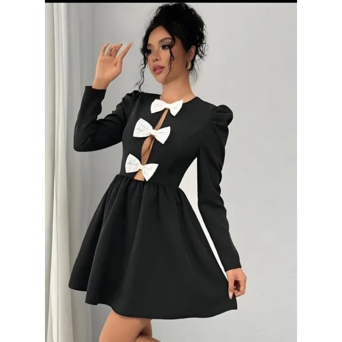 Kadın Dalgıç Kumaş Fiyonk Detaylı Uzun Kollu Mini Boy Elbise