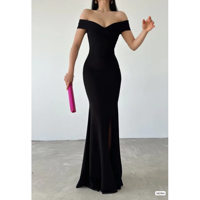 Kadın Dalgıç Kumaş Kayık Yaka Ve Dekolte Detaylı Elbise