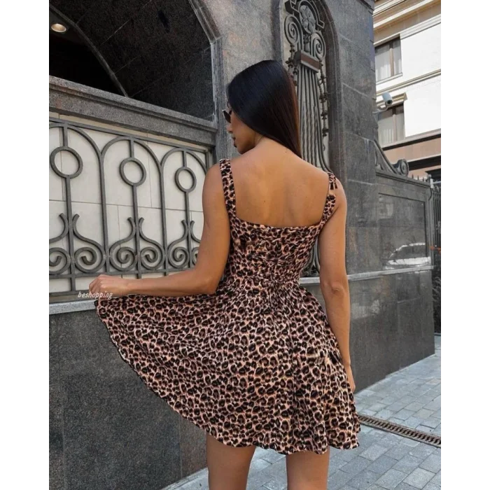 Kadın Dalgıç Kumaş önden Bağlamalı Leopar Desenli Elbise