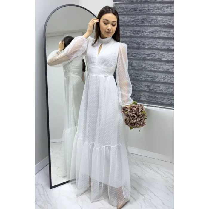 Kadın Damla Yaka Sırt Dekolteli Astarlı Tül Elbise