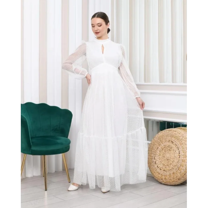 Kadın Damla Yaka Sırt Dekolteli Astarlı Tül Elbise