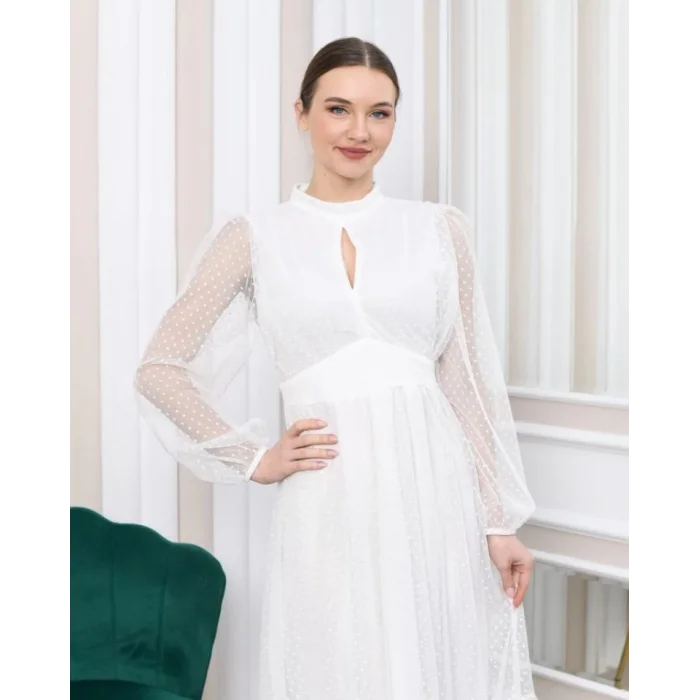 Kadın Damla Yaka Sırt Dekolteli Astarlı Tül Elbise