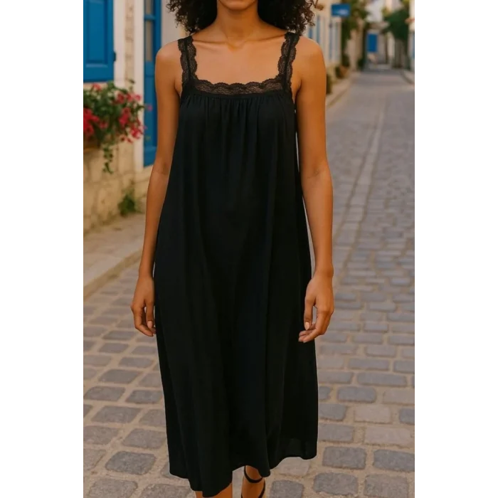 Kadın Dantel Askılı Kare Yakalı Uzun Viskon Elbise