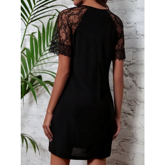 Kadın Dantelli Kısa Kollu Damla Yaka Krep Elbise