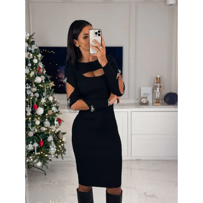 Kadın Dekolte Detaylı Scuba Dalgıç Kumaş Taş Aksesuarli Elbise