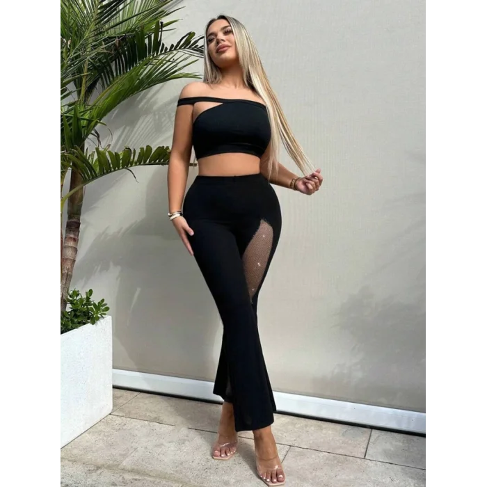 Kadın Derin Simli Tül Detay Ispanyol Paça Dalgıç Pantolon