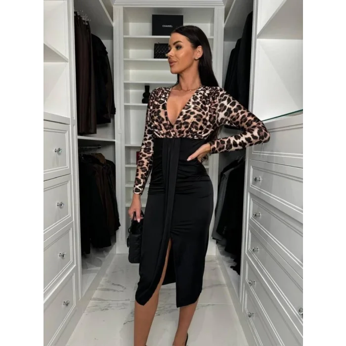 Kadın Dijital Baskılı Full Likralı Kristal örme Kumaş Drape Detaylı Yırtmaç Dekolteli Midi Boy Elbise