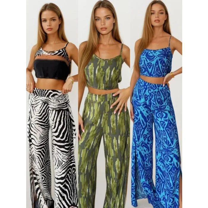 Kadın Dokuma Viskon Yırtmaç Detaylı Takım