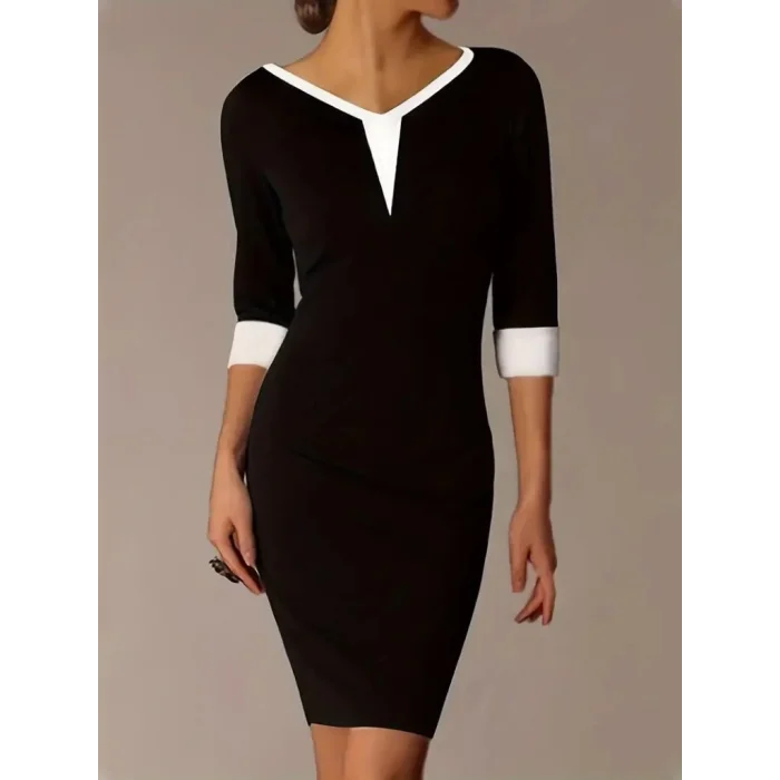 Kadın Truvakarkol V Yakalı Blok Renkli Kısa Janjan Krep Elbise