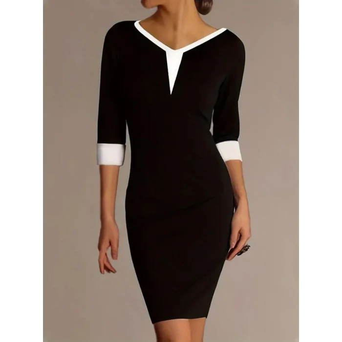 Kadın Truvakarkol V Yakalı Blok Renkli Kısa Janjan Krep Elbise