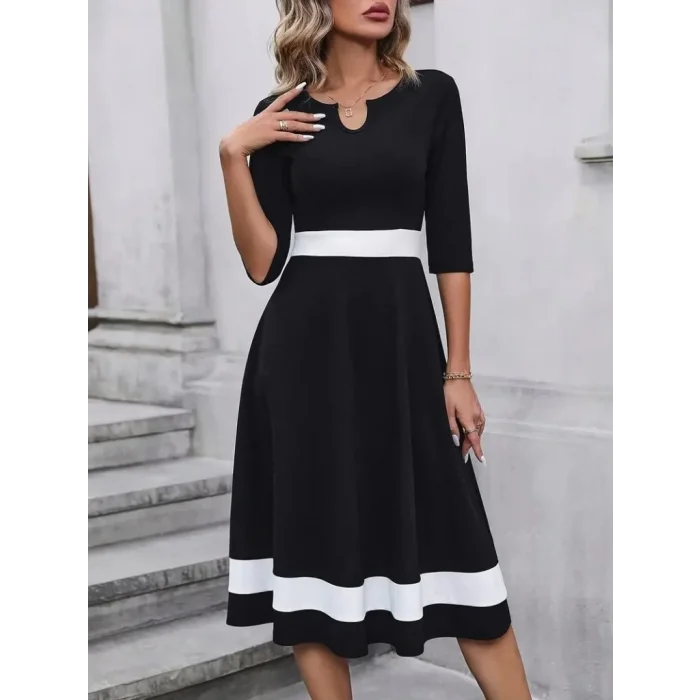 Kadın Truvakarkol Yakası Açık Blok Renkli Krep Midi Elbise