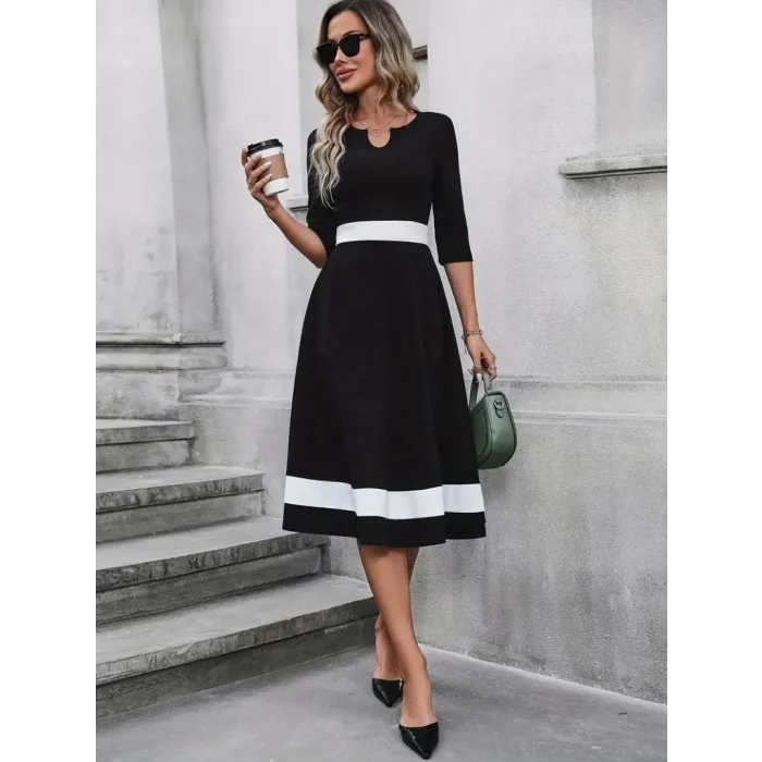 Kadın Truvakarkol Yakası Açık Blok Renkli Krep Midi Elbise
