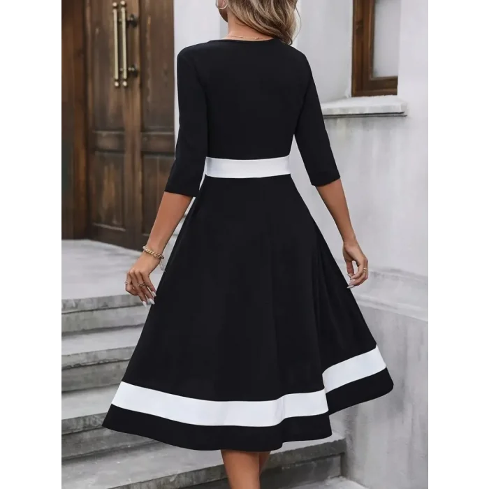 Kadın Truvakarkol Yakası Açık Blok Renkli Krep Midi Elbise