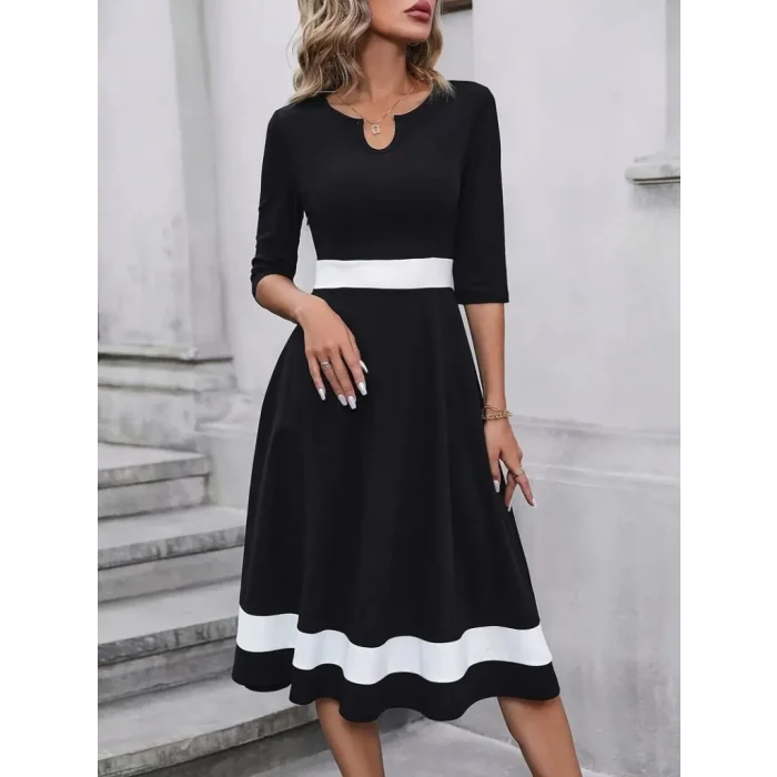 Kadın Truvakarkol Yakası Açık Blok Renkli Krep Midi Elbise