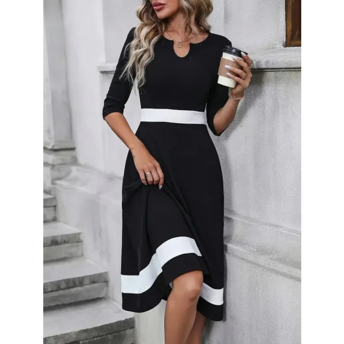 Kadın Truvakarkol Yakası Açık Blok Renkli Krep Midi Elbise