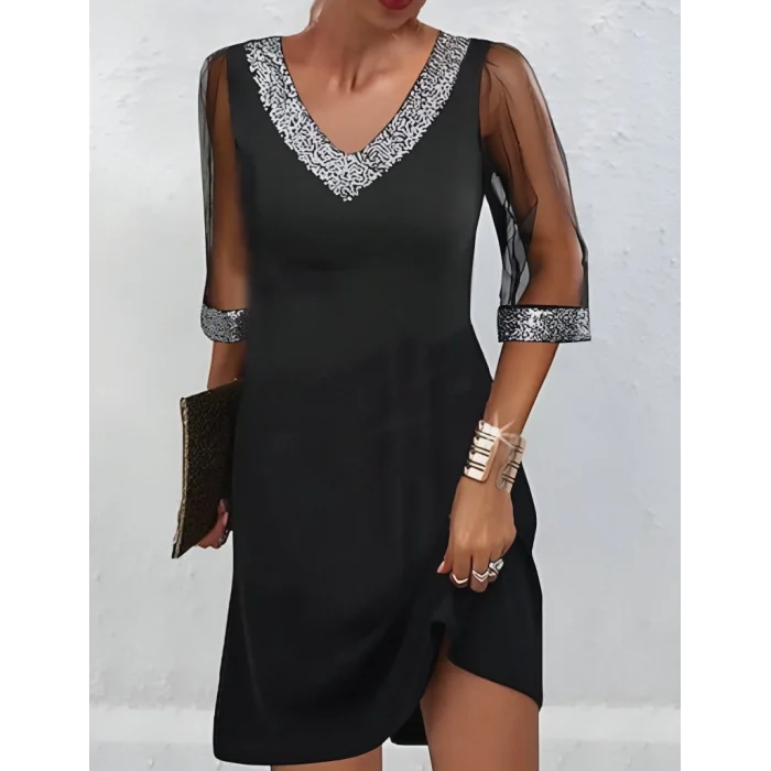 Kadın Fakir Kollu V Yaka Kollar Tüllü Yaka Ve Bilekler Payet Detay Krep Elbise