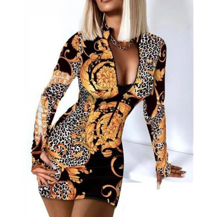 Kadın Fermuar Detay Dalgıç Kumaş Desenli Elbise