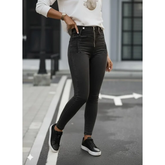 Kadın Fermuar Detay Yüksek Kemerli Kot Pantolon