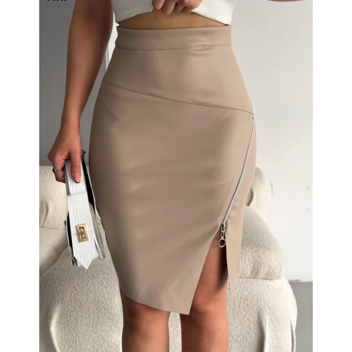 Kadın Fermuarlı Deri Kumaş Mini Etek