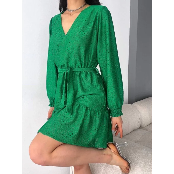 Kadın Fırsat ürünü Kruvaze Yaka Güpürlü Mini Elbise