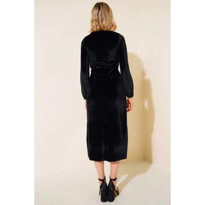 Kadın Fırsat ürünü Leopar Desen Pul Payet Işlemeli Midi Boy Kadife Kumaş Elbise