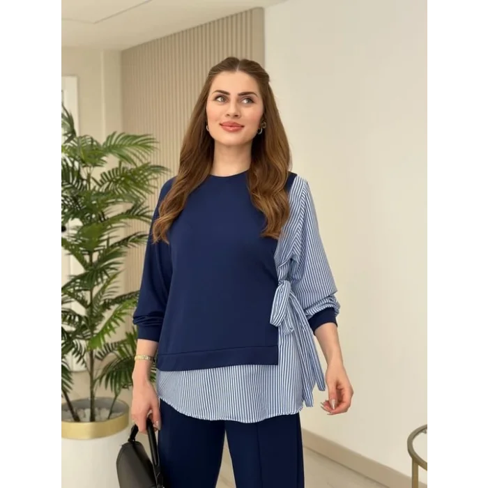 Kadın Gömlek Detay çizgili Yandan Bağlamalı Ikili Takım