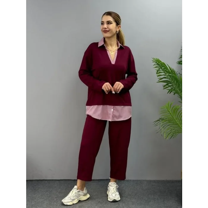 Kadın Gömlek Detay çizgili Yandan Bağlamalı Ikili Takım