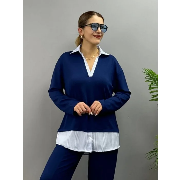 Kadın Gömlek Detay çizgili Yandan Bağlamalı Ikili Takım