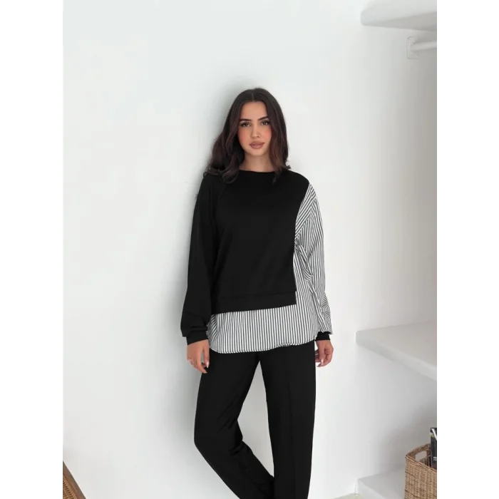 Kadın Gömlek Detay çizgili Yandan Bağlamalı Ikili Takım