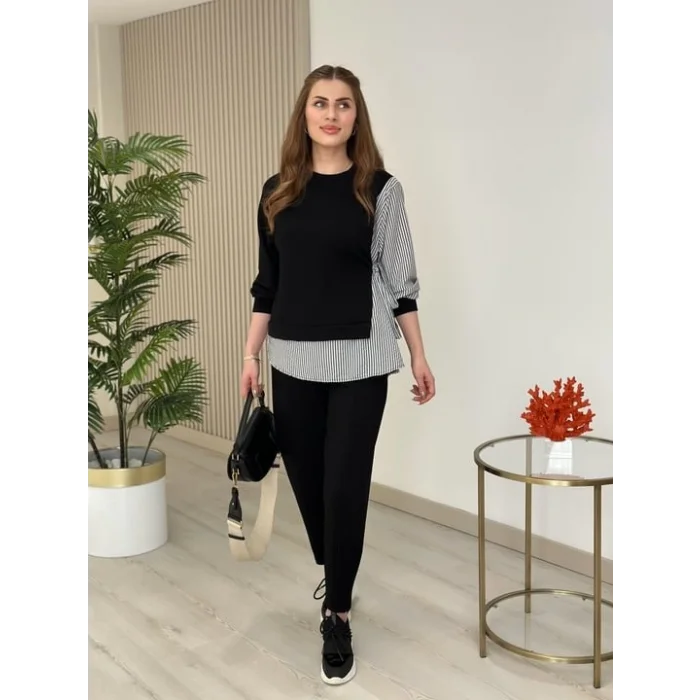 Kadın Gömlek Detay çizgili Yandan Bağlamalı Ikili Takım