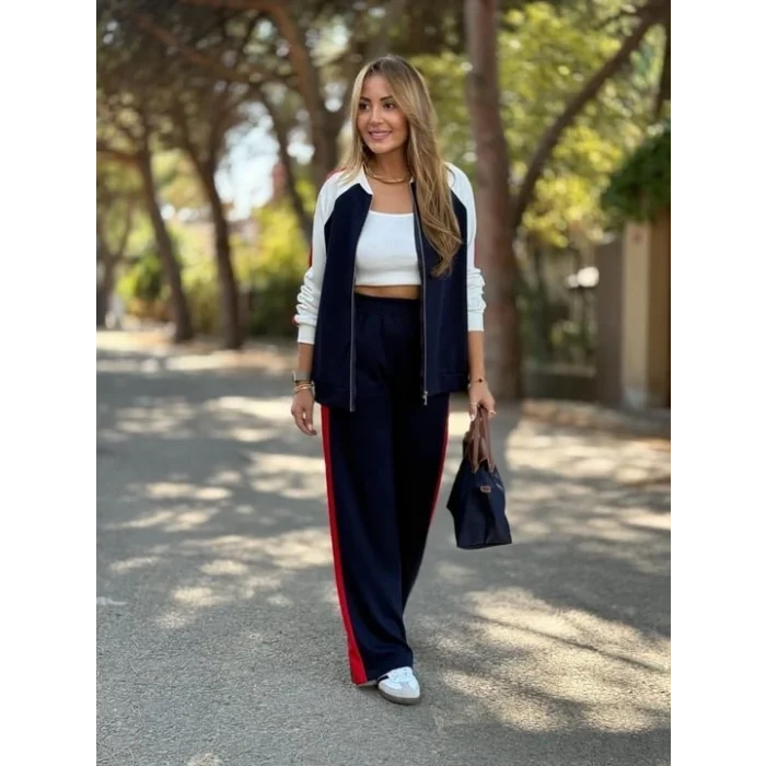 Kadın Hakim Yaka şerit Detay Hırka Ve Bol Paça Pantolon Ikili Takım