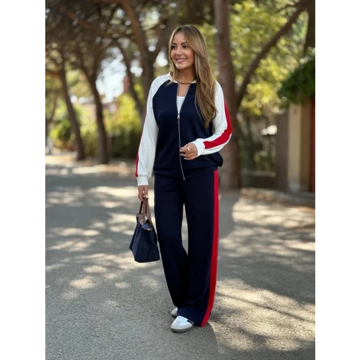 Kadın Hakim Yaka şerit Detay Hırka Ve Bol Paça Pantolon Ikili Takım