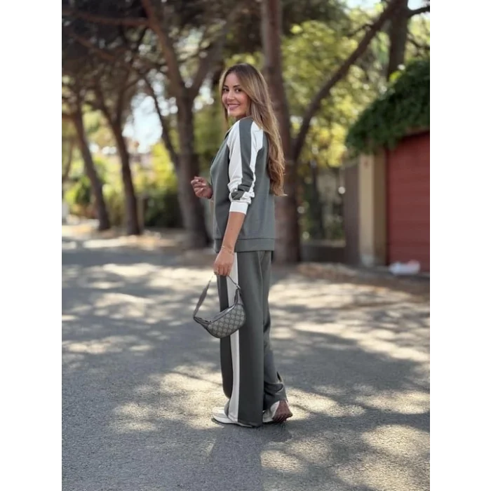 Kadın Hakim Yaka şerit Detay Hırka Ve Bol Paça Pantolon Ikili Takım