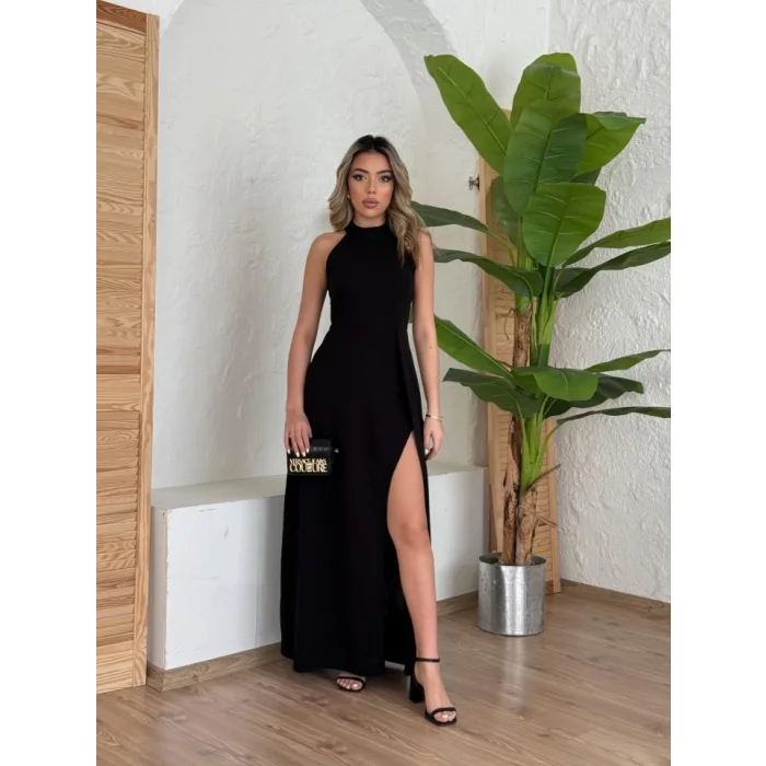Kadın Halter Yaka Derin Yırtmaç Detaylı Tam Boy Ithal Krep Abiye Elbise