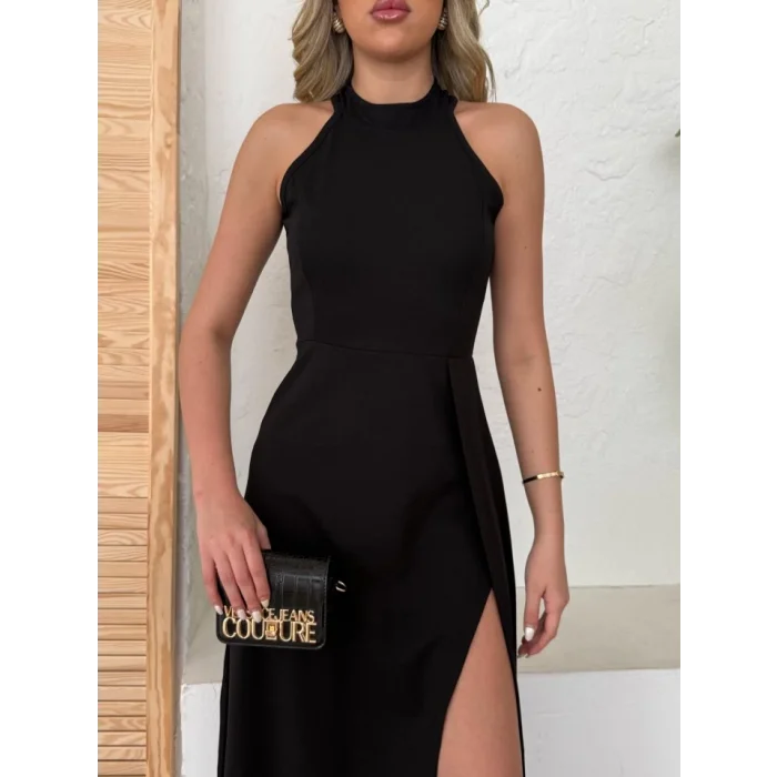 Kadın Halter Yaka Derin Yırtmaç Detaylı Tam Boy Ithal Krep Abiye Elbise