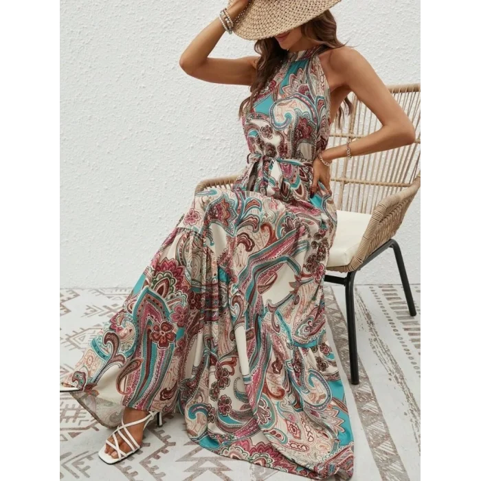 Kadın Halter Yakalı Omuzlardan Açık Kuşaklı Maksi Boy Desenli Süprem Elbise