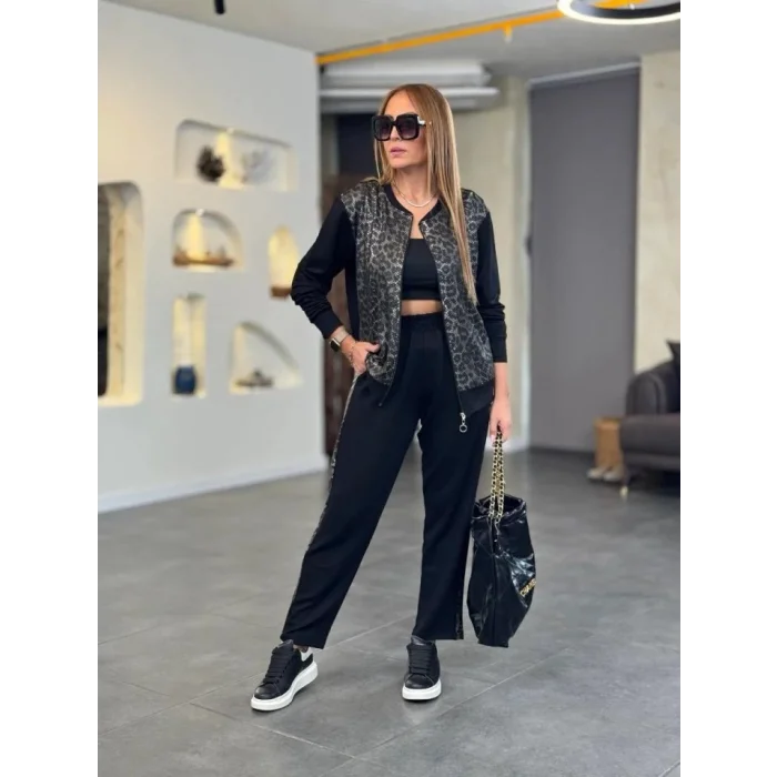 Kadın İki İplik Kumaş Yılan Desenli Fermuarlı İkili Takım