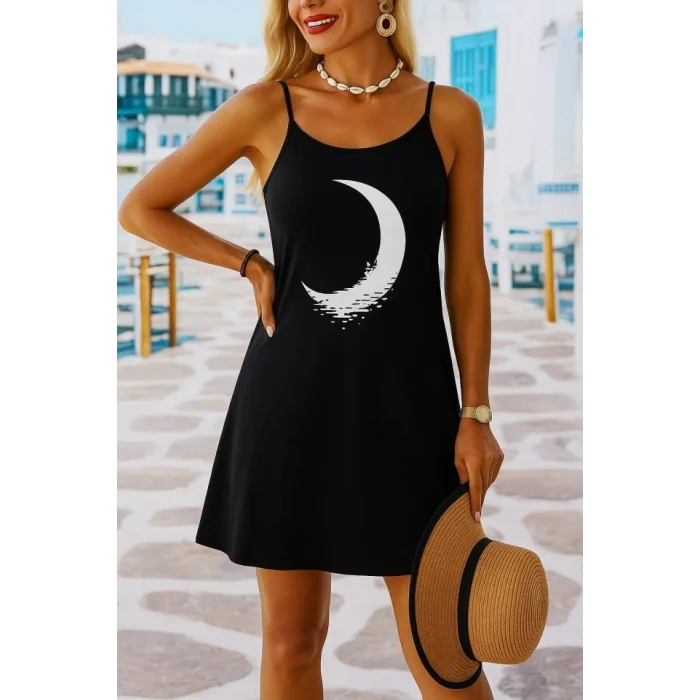Kadın Ip Askılı Ay Desenli Viskon Elbise