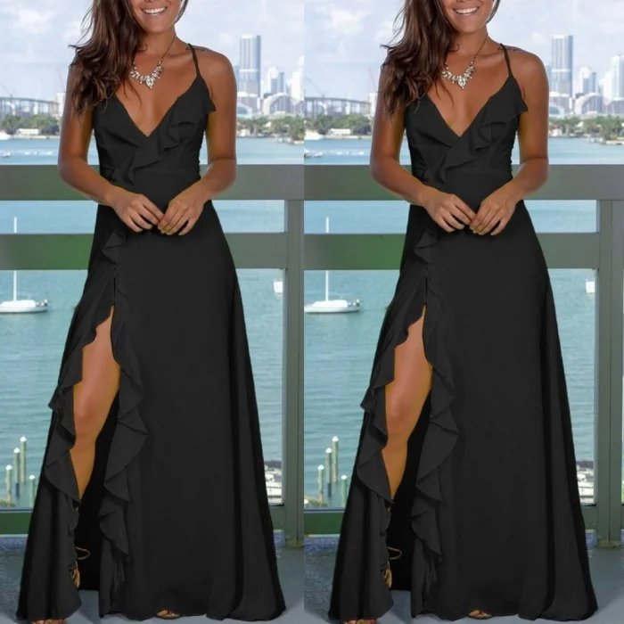 Kadın Ip Askılı Dekolteli Yırtmaç Detay Krep Elbise