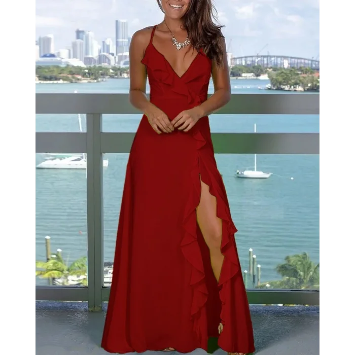 Kadın Ip Askılı Dekolteli Yırtmaç Detay Krep Elbise