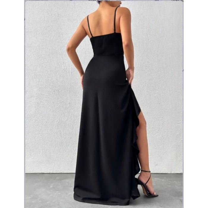 Kadın Ip Askılı Dekolteli Yırtmaç Detay Krep Elbise